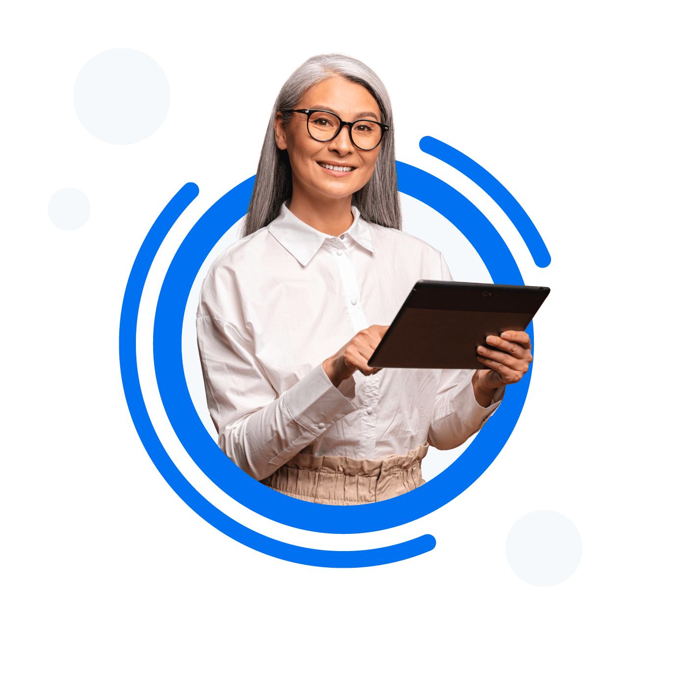 Accounting automation image showing a person working on a tablet, looking happy.