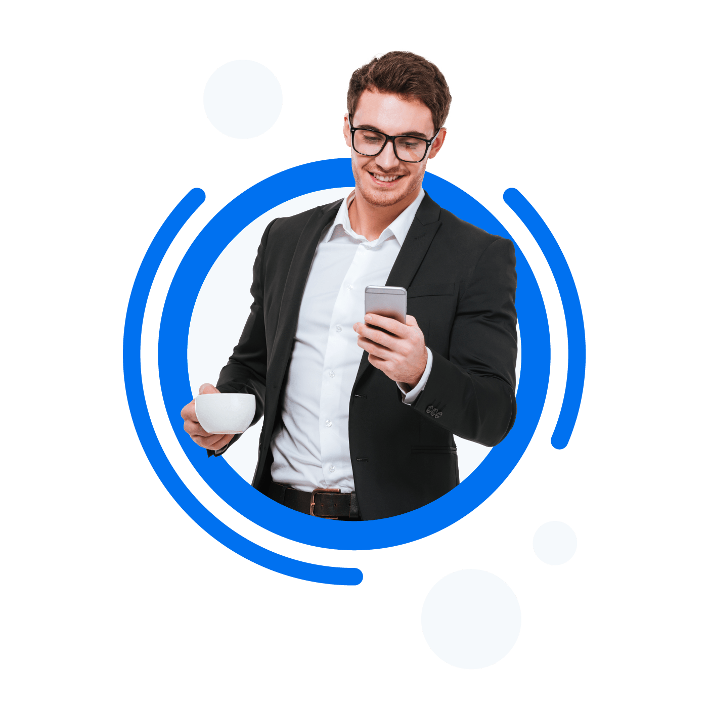 Accounting automation image shows a person looking at a smartphone, while holding a cup.